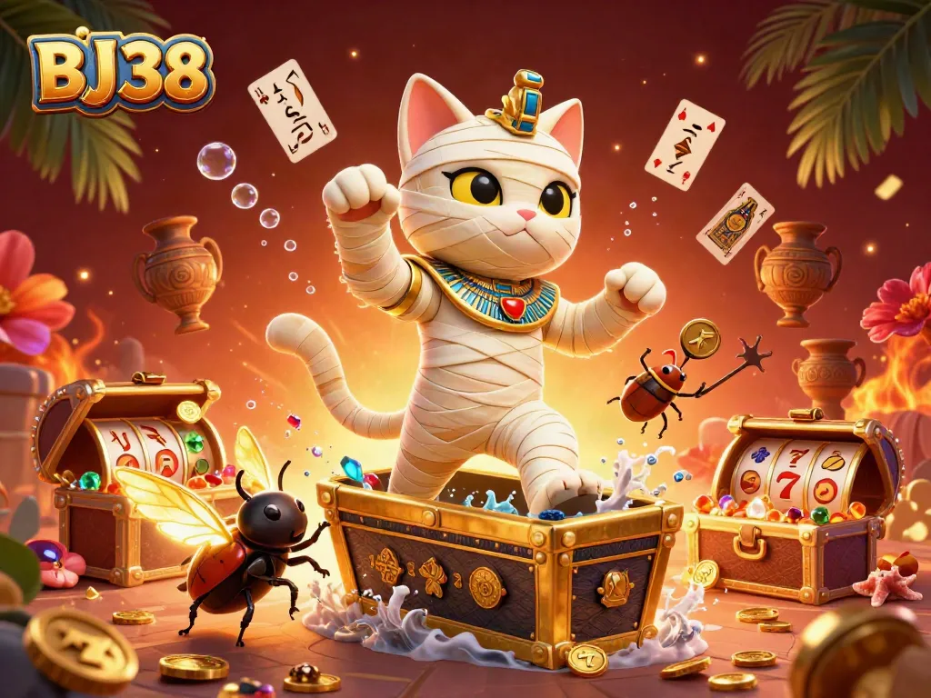 Engage in thrilling casino action with BJ38, featuring a cartoon mummy cat, gold coins, and floating cards.