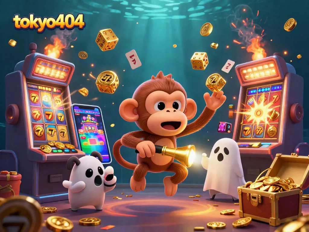 Engage with tokyo404's thrilling casino adventures with a lively scene of a poltergeist monkey and ghost-hunter puppy.