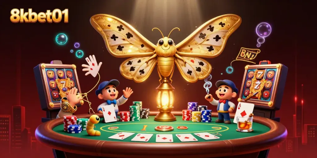 Engage with 8xbet01's vibrant casino scene showcasing an atlas moth amidst golden tapestries and poker elements.