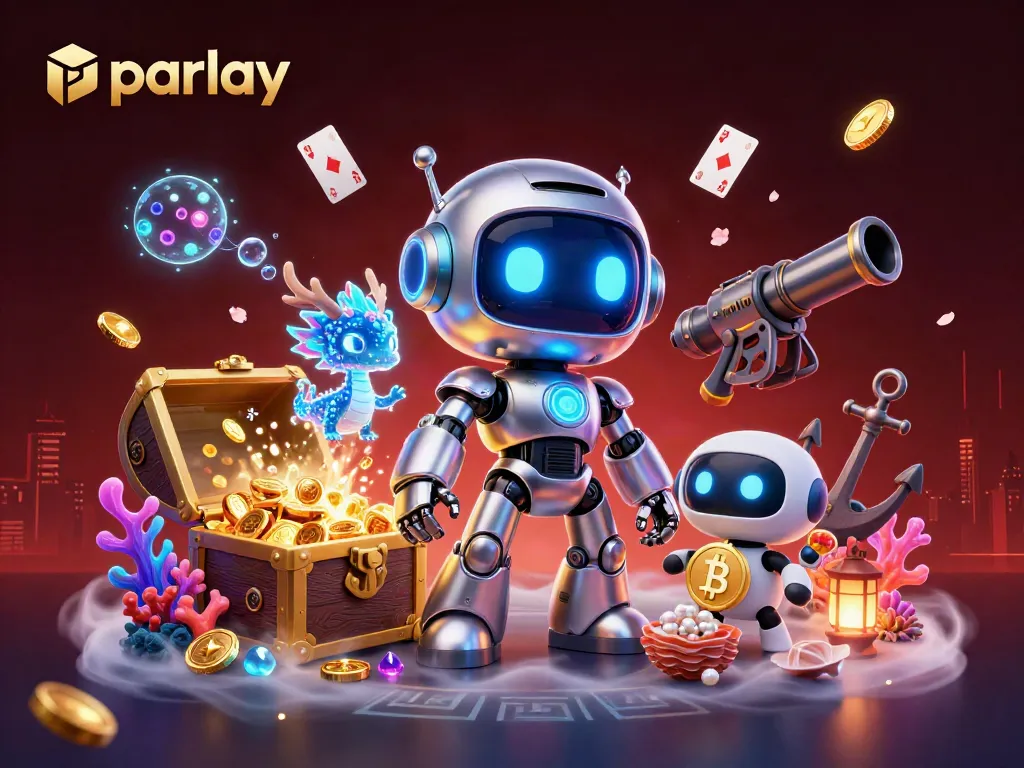 Engage with parlay betting strategies in a vibrant gaming scene featuring a cyberpunk robot and AI companions.