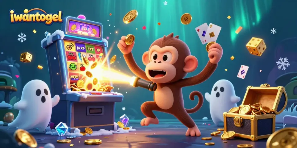 Engage with iwantogel at this vibrant scene where a playful monkey juggles treasures in a haunted casino.