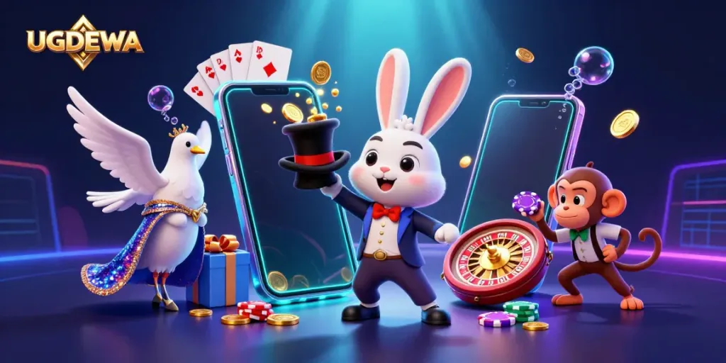 Experience magical wins with UGDEWA in a vibrant 3D casino scene featuring a rabbit, dove, and monkey.