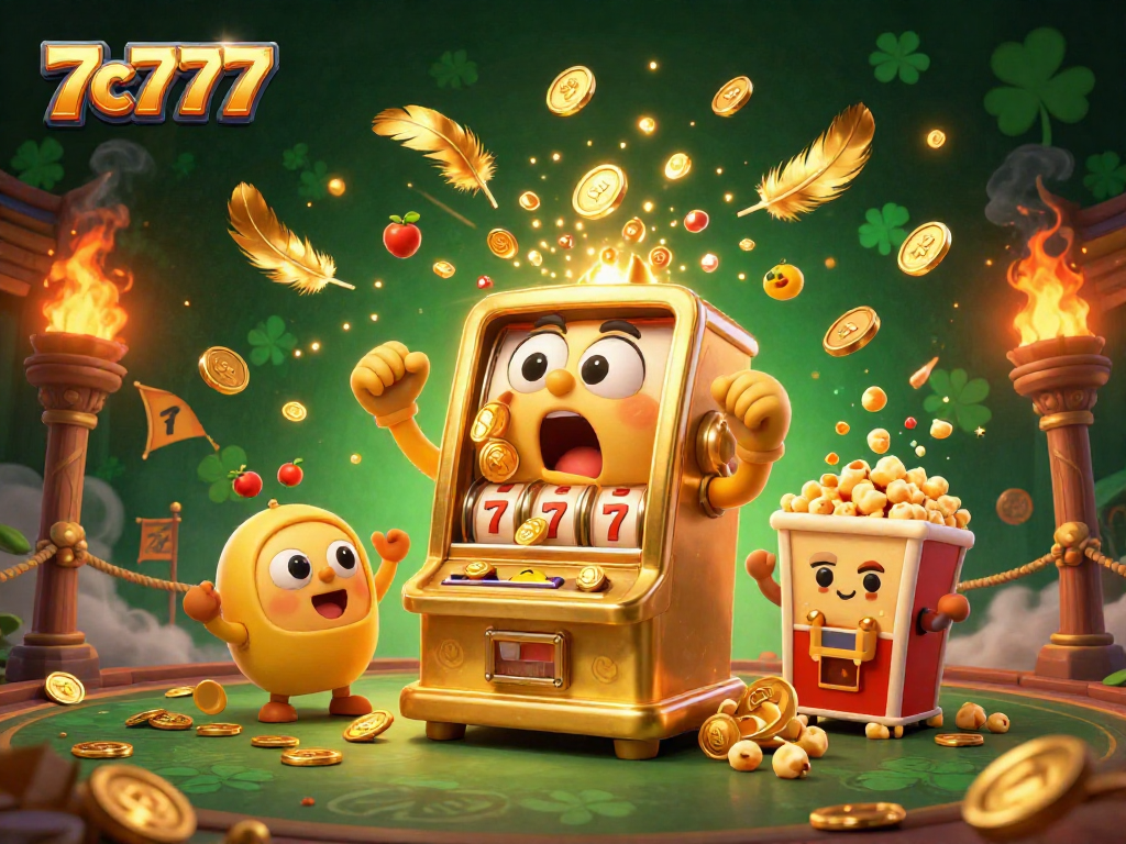 Experience the 7c777 jackpot thrill with a vibrant scene of celebratory slot machines and golden coins.