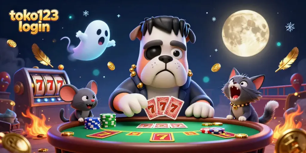 Experience exciting gameplay with toko123 login while the Frankenstein bulldog deals cards in a thrilling casino scene.