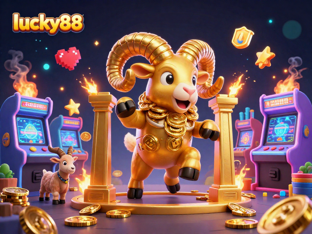 Immerse into lucky88's thrilling gaming world with golden ram in a vibrant casino scene.