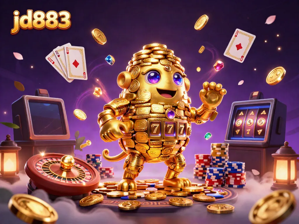 Spin and win with jd883 as golden coins and jewels cascade from an ancient golem in a vibrant casino scene.