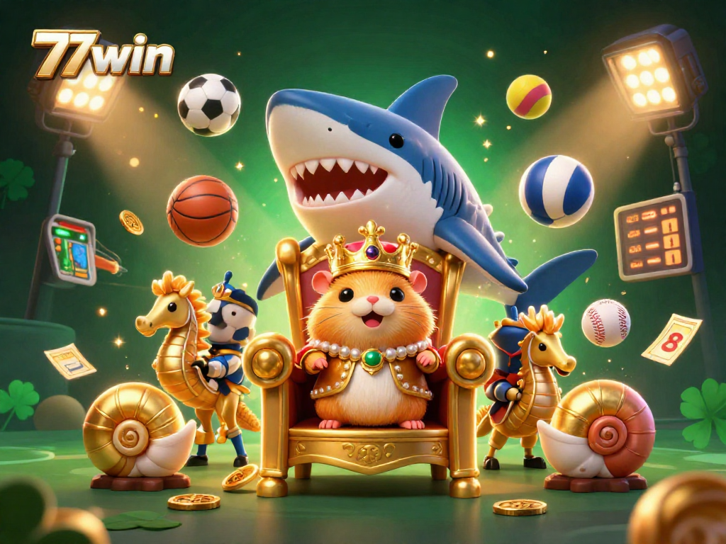 Experience the excitement of casino gaming with 77win's vibrant 3D illustration featuring luxurious game elements.