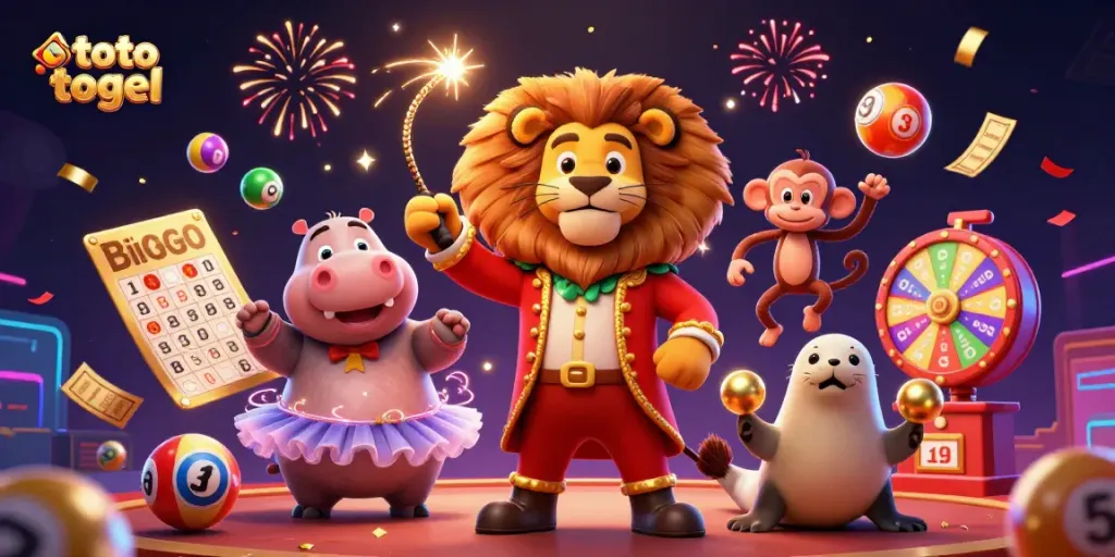 Experience the excitement of toto togel with vibrant lottery elements and animated characters in a dynamic casino scene.