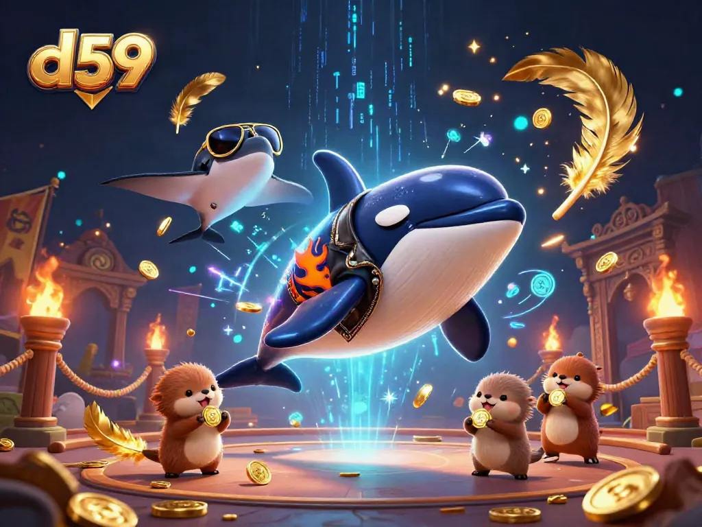 Experience the thrill of d59 with a vibrant 3D cartoon scene of sea characters surrounded by gold coins.