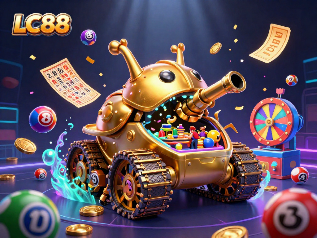 Experience excitement at LC88's vibrant 3D casino-themed illustration with lottery balls and golden elements.