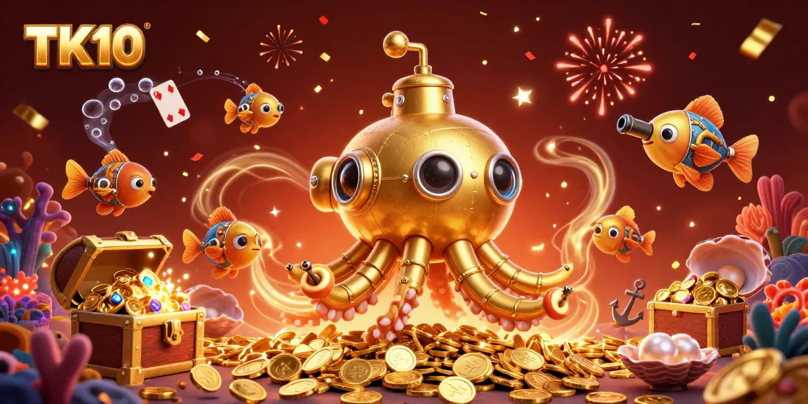 Engage with high-stakes adventures at TK10, featuring a golden kraken submarine and treasure.