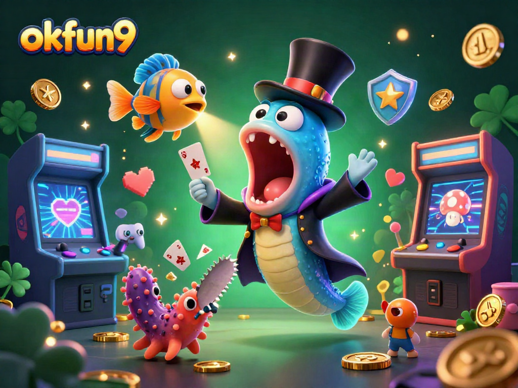 okfun9 showcases a magical undersea casino scene with glowing characters and vibrant game elements.