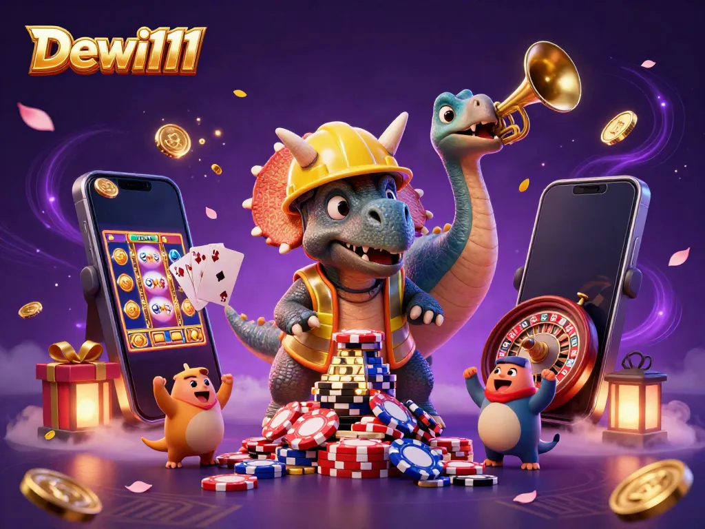 Dewi111 merayakan kemenangan dengan triceratops membangun tumpukan chip poker di kasino.