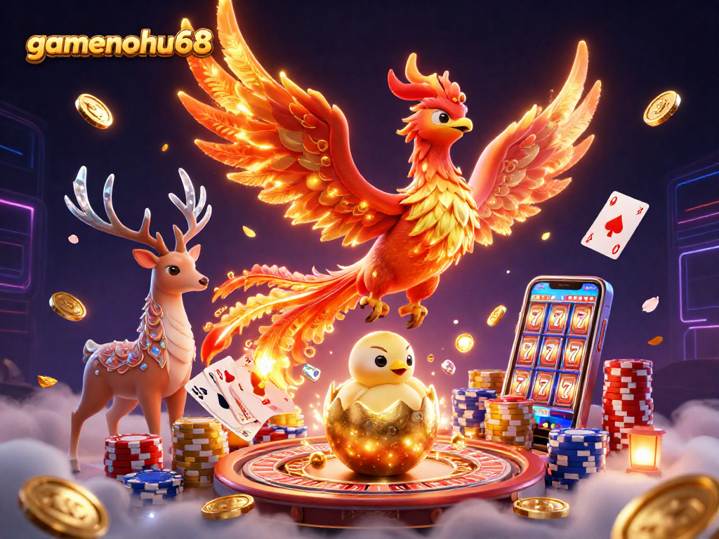 Experience the excitement of gamenohu68 with a dynamic scene of a phoenix, golden coins, and casino elements.