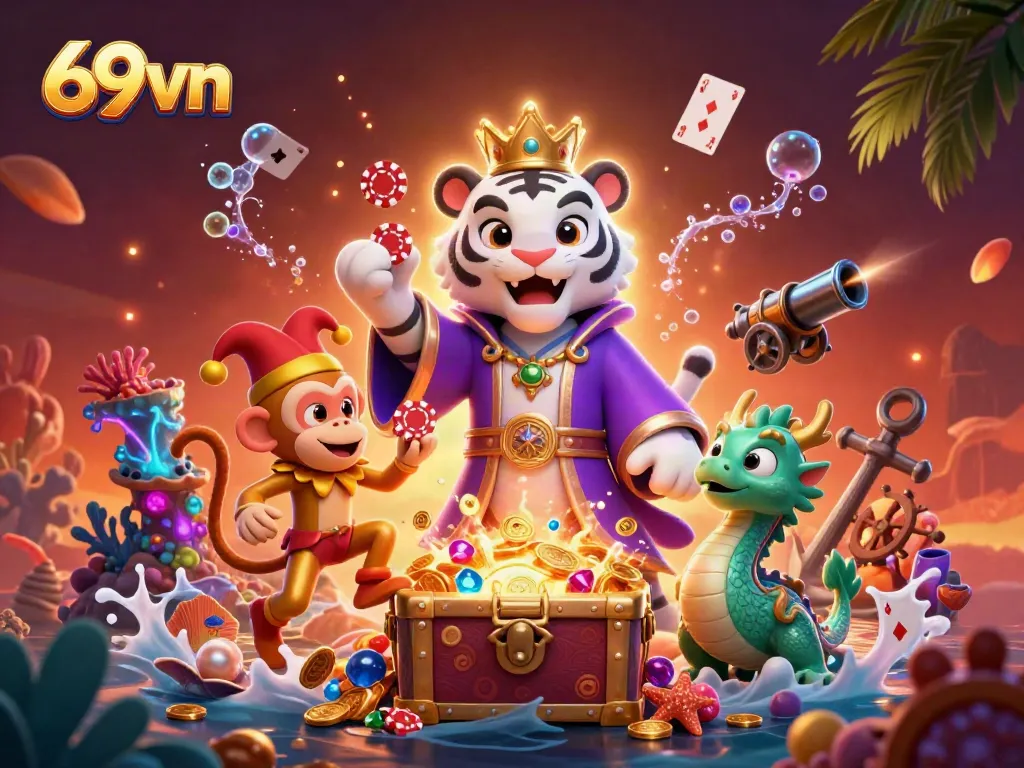 Experience the thrill of 69vn with a vibrant 3D illustration featuring casino characters and dynamic gaming elements.