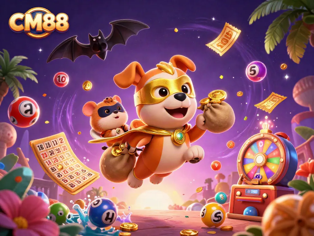 Experience the excitement of CM88 with a superhero dog and hamster in a vibrant gambling-themed scene.