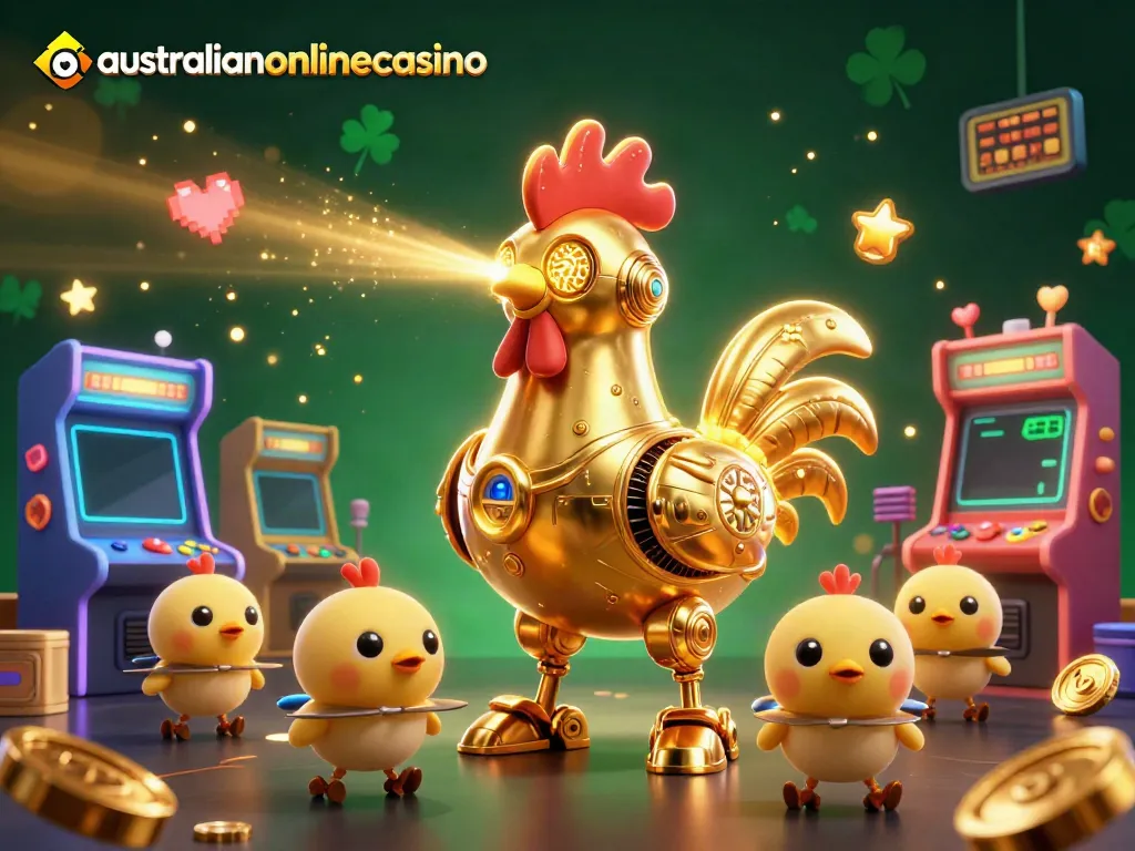 Experience the thrill of australianonlinecasino with a golden rooster robot and a crew of adorable drones.