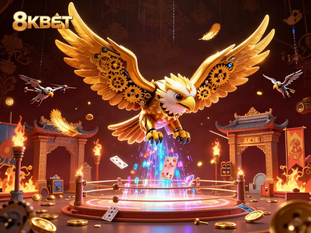 Experience the thrill of 8KBET with a dynamic 3D illustration of a golden eagle amidst casino elements.