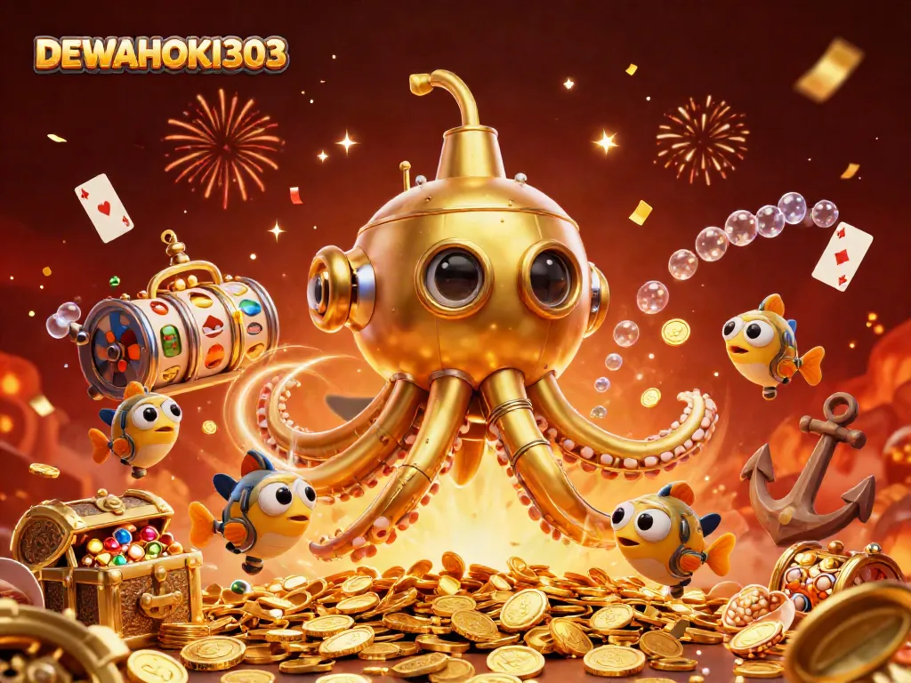 DEWAHOKI303 menghadirkan kraken emas dan ikan mekanik dalam aksi permainan slot yang megah.