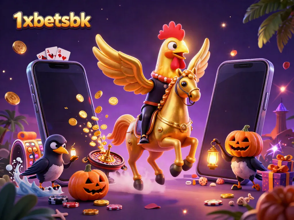 Experience the vibrant 1xbetsbk gaming scene with a golden rooster and casino elements.