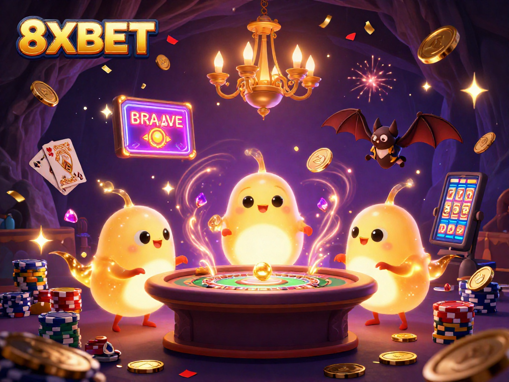 Experience 8XBET's vibrant casino world with glowing glowworms and a bat dealer in this lively illustration.