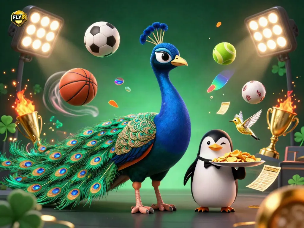 Experience the vibrant energy of FLY88 through a dynamic 3D scene of slots, golden chips, and sports betting elements.