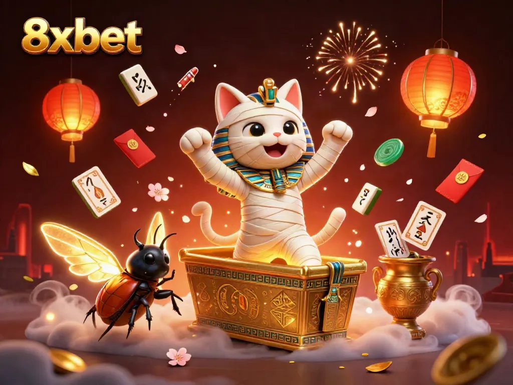 Experience the excitement of 8xbet with a unique, vibrant casino illustration featuring an Egyptian mummy cat.