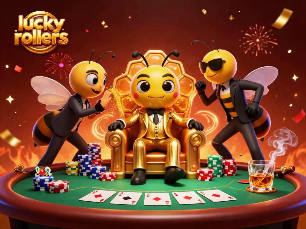 Experience high-stakes action with lucky rollers, featuring a lively bumblebee mob boss and dynamic poker scene.