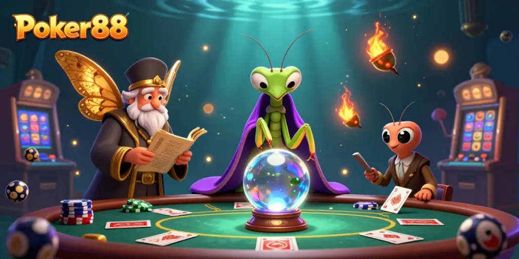 Experience Poker88 with engaging poker tables, vibrant chips, and mystical characters in a dynamic casino scene.