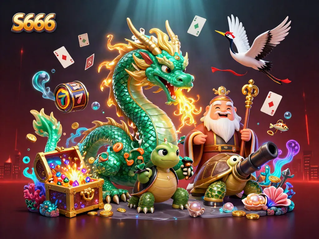 S666 unleashes thrilling gameplay with vibrant dragons and casino action elements in this captivating illustration.