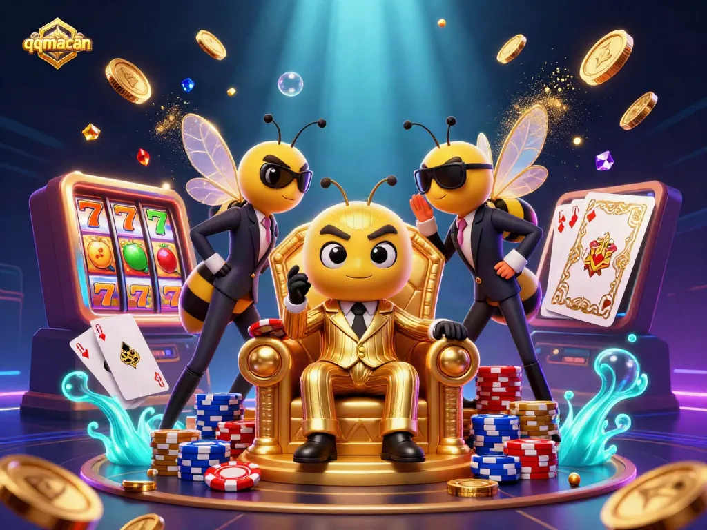 Win big at qqmacan with a thrilling casino scene showcasing vibrant slot machines and sparkling gems.