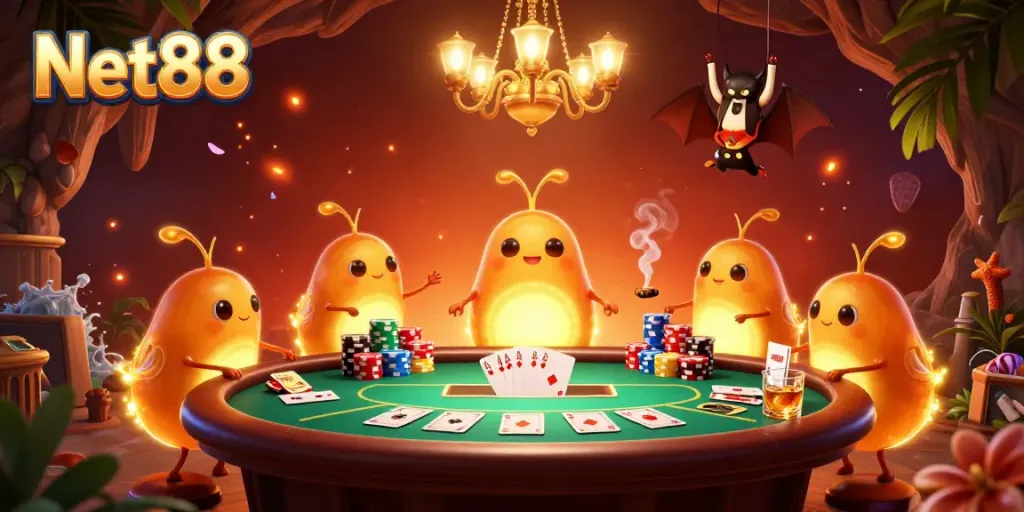 Experience the vibrant hustle of Net88's cave casino with glowworms as unique dealers in an unforgettable gaming scene.