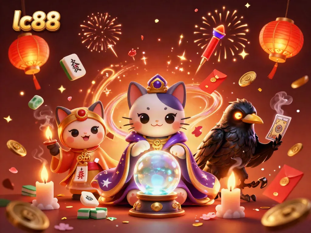 Engage in lc88 casino excitement with a mystical scene featuring a fortune teller cat and a tarot raven.