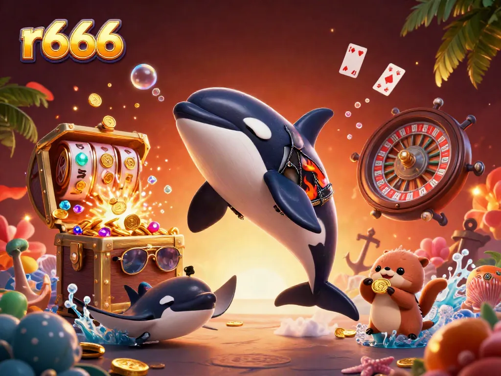 Engage in thrilling gameplay with r666 as a vibrant orca, stingray, and otters celebrate victory in a casino underwater.