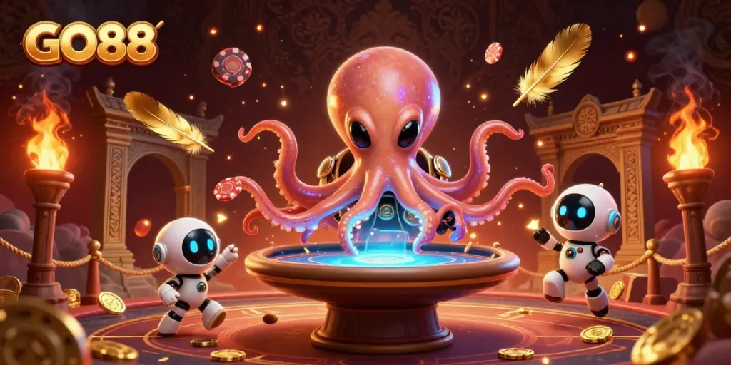 Engage in thrilling gameplay with GO88's vibrant alien octopus holographic poker scene.