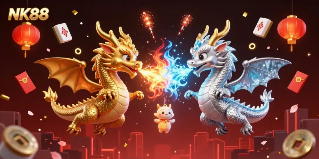 Engage in thrilling gameplay at NK88 with vibrant 3D illustrations of magical dragons and casino elements.