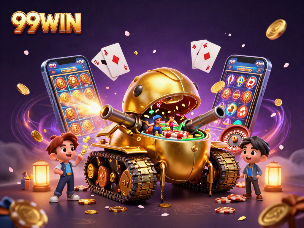 Engage with 99WIN's exhilarating gaming experience at a detailed miniature casino in a golden tank.