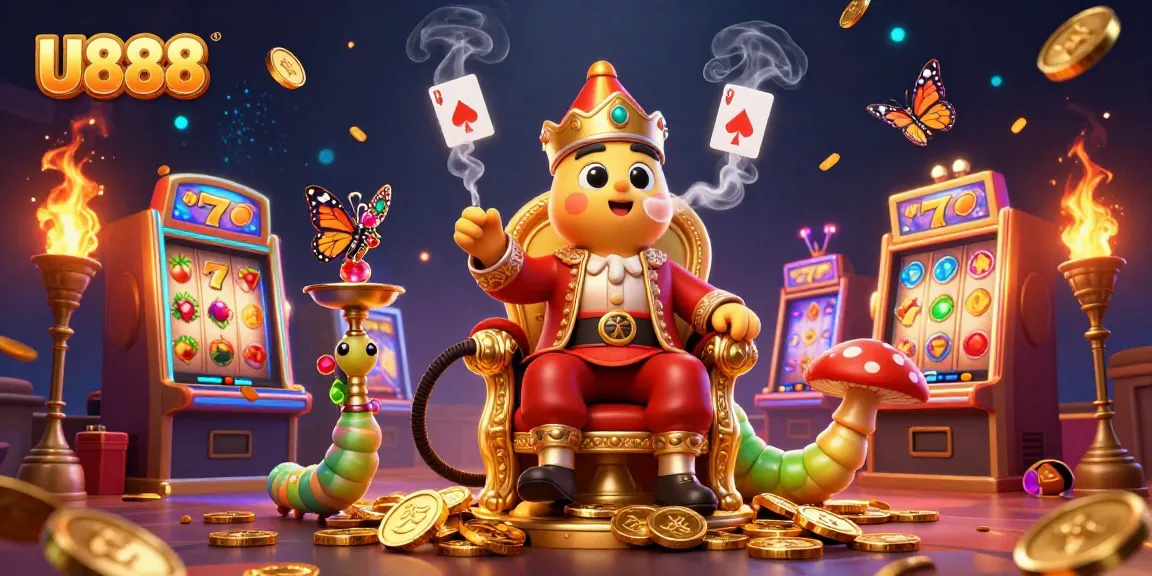 Experience U888's vibrant casino scene featuring a caterpillar hookah-master and slot machine elements.