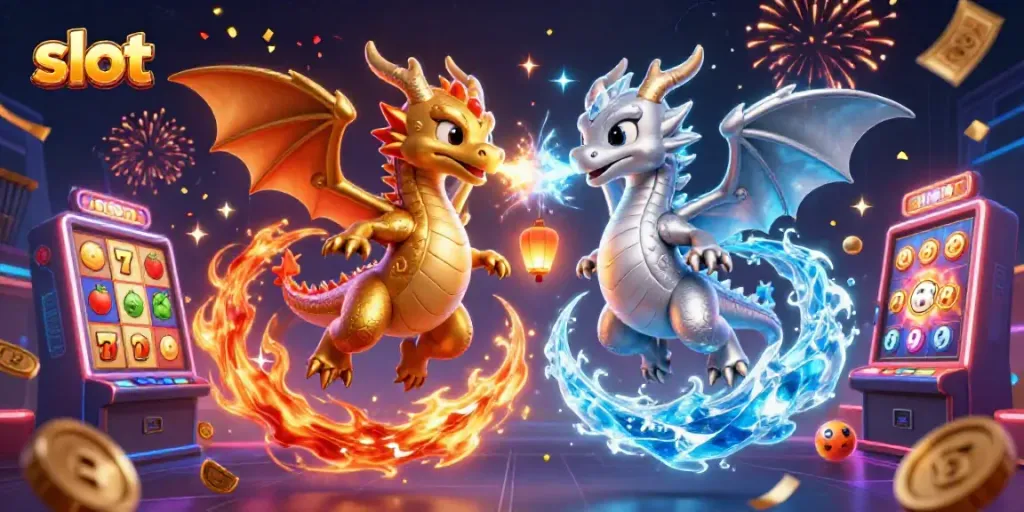 Engaging scene showcasing slot-themed 3D cartoon dragons and dynamic gaming elements in celebration.