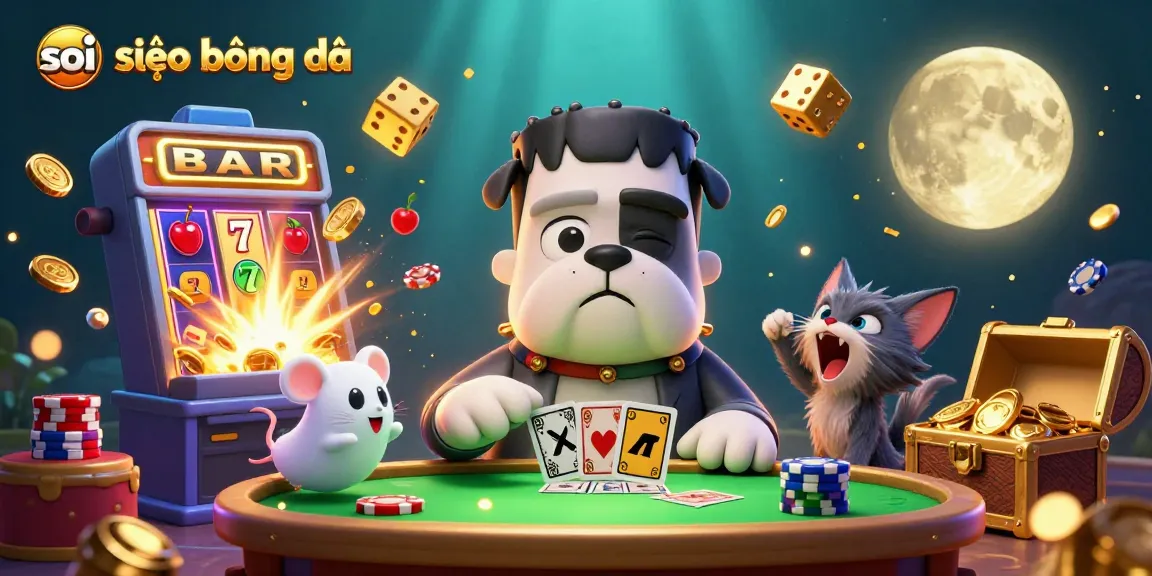 Win at soi kèo bóng đá with characters dealing cards in a vibrant casino scene