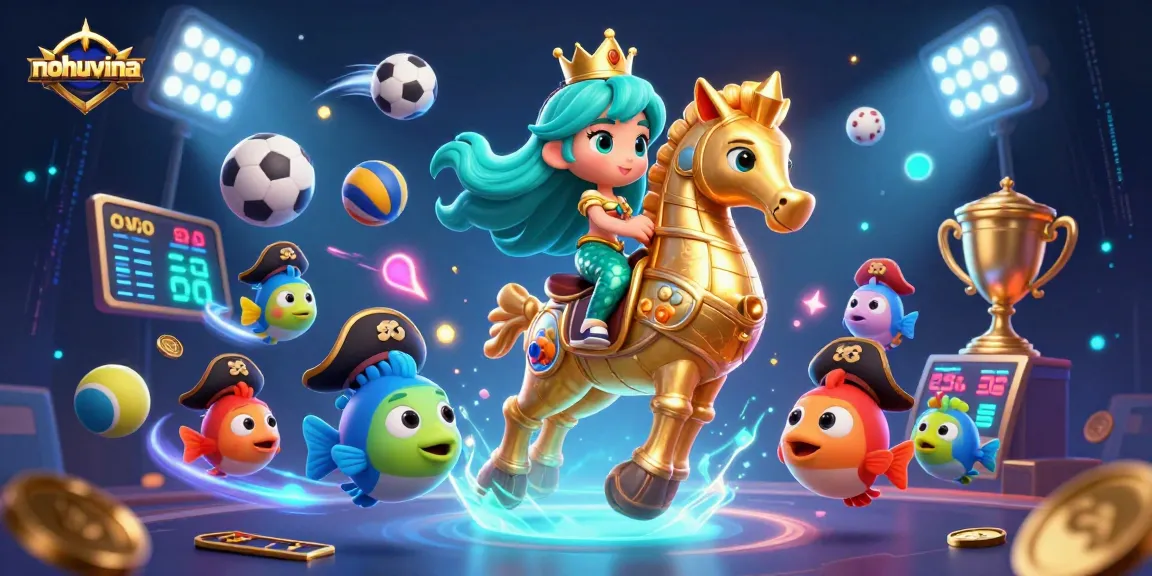 Nohuvina's vibrant casino scene features a mermaid riding a golden seahorse amidst dynamic sports elements.