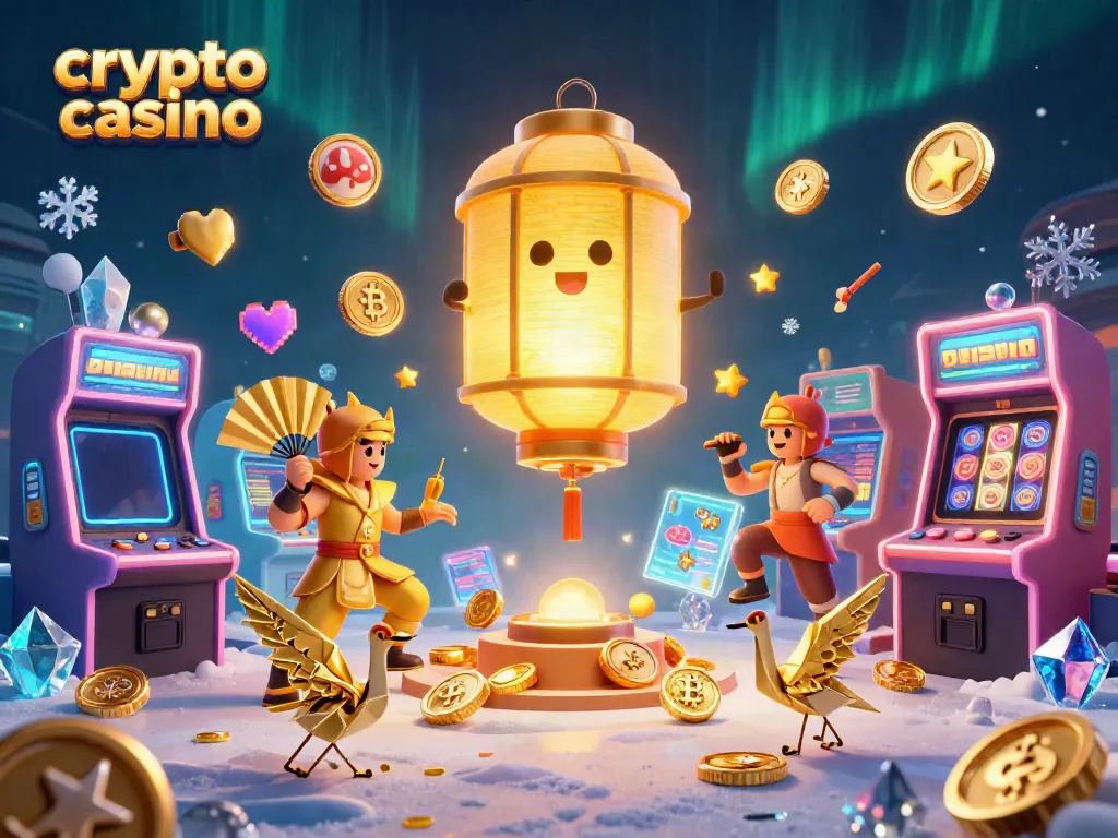 Engage at a crypto casino showcasing animated characters, arcade games, and gold coins.