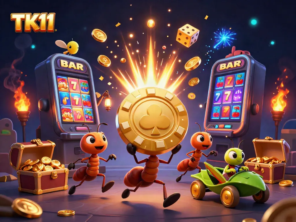 TK11 showcases a thrilling cartoon heist with ants stealing a giant poker chip amidst explosive casino elements