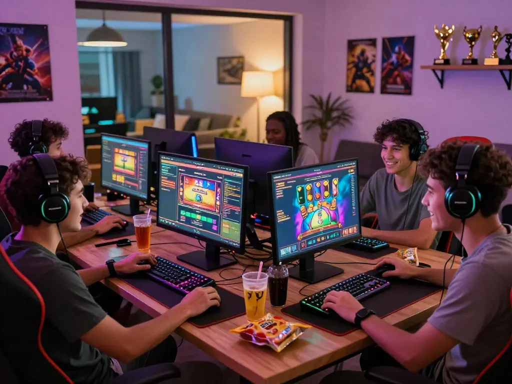 Akunjp gaming session with friends enjoying online slots in a cozy living room setup.