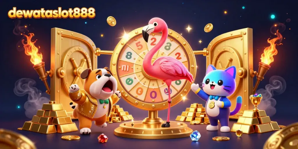 Permainan slot mendebarkan di dewataslot888, dengan karakter yang penuh semangat meriah.