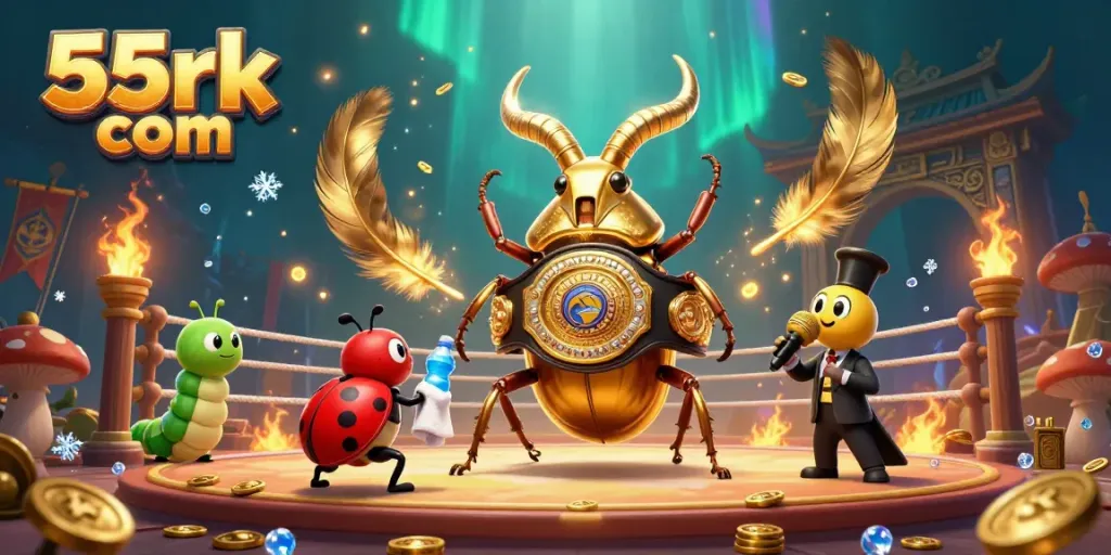 Join the fun on 55rk com with a vibrant gambling-themed scene featuring a boxing beetle and ladybug.