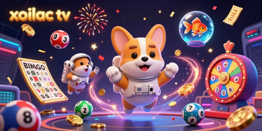 Engage with xoilac tv in a dynamic space casino scene featuring vibrant lottery balls and floating characters.