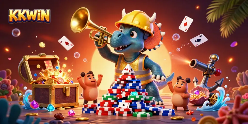 Engage in winning strategies with KKWIN, featuring vibrant cartoon dinosaurs celebrating gambling.