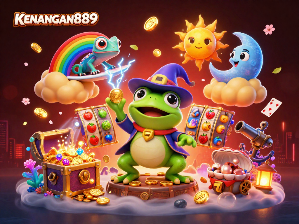 Enhance your slots strategy with KENANGAN889 in a vibrant 3D casino scene.