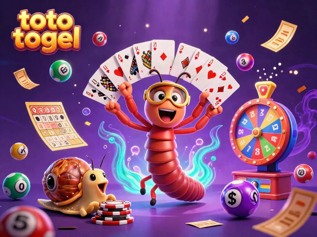 Engage in thrilling toto togel action with a whimsical dealer and exciting game elements in this vibrant illustration.